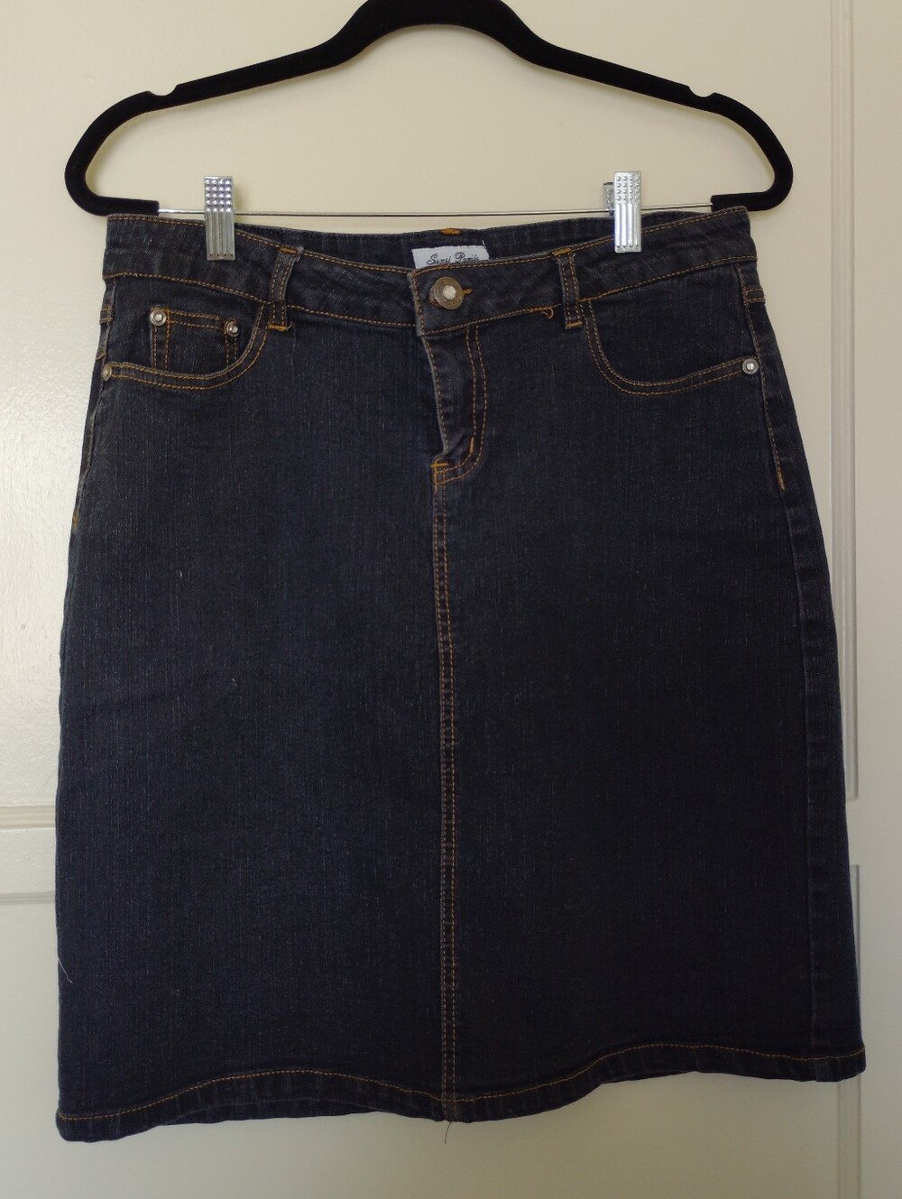 Y2K Sexsi Pompis Black Denim Skirt Rhinestone Accents Fits Size 10 (Tagged 15)